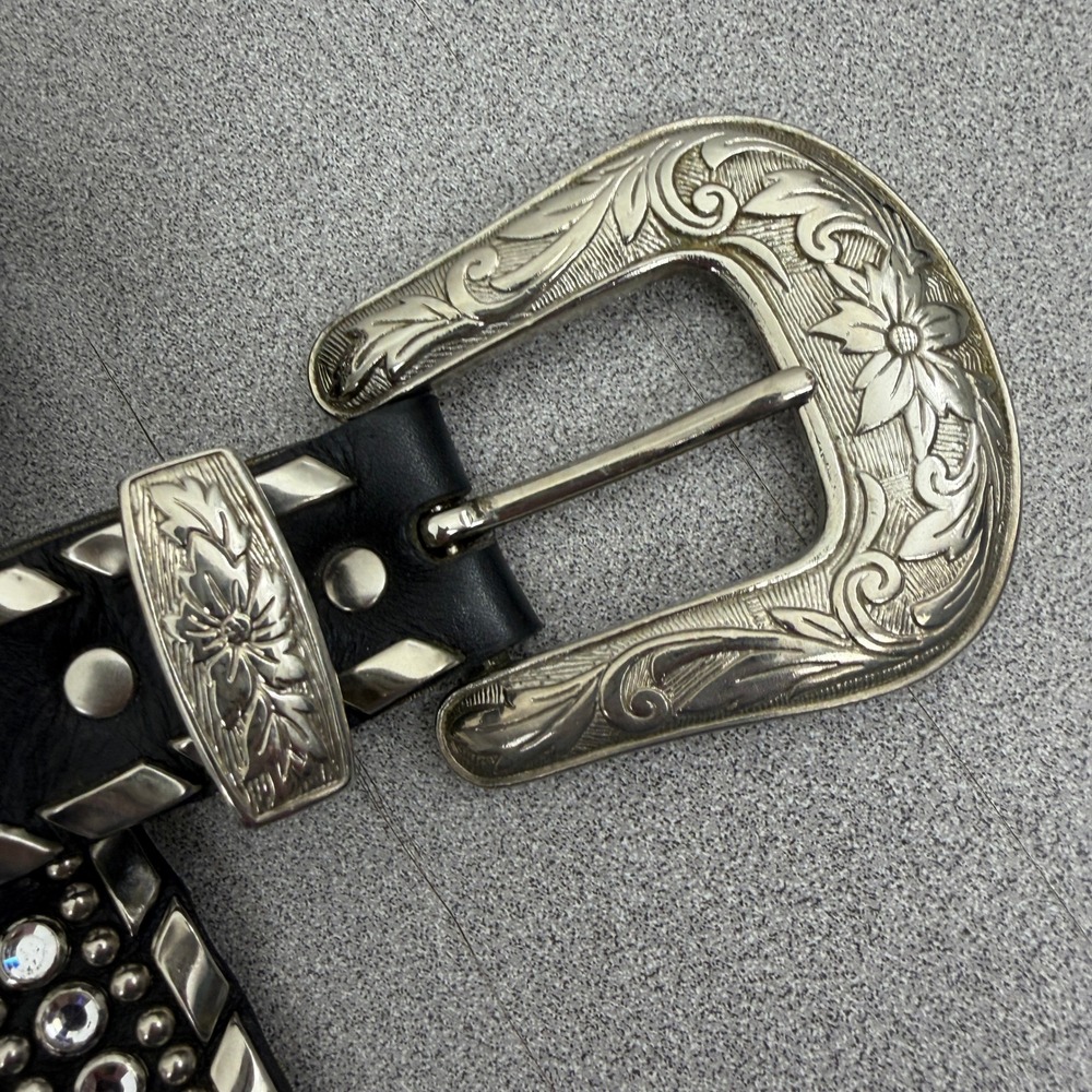 BB Simon Belt Womens 34 Black Studded Rhinestone Leather Western Silver Kippys - Picture 3 of 8